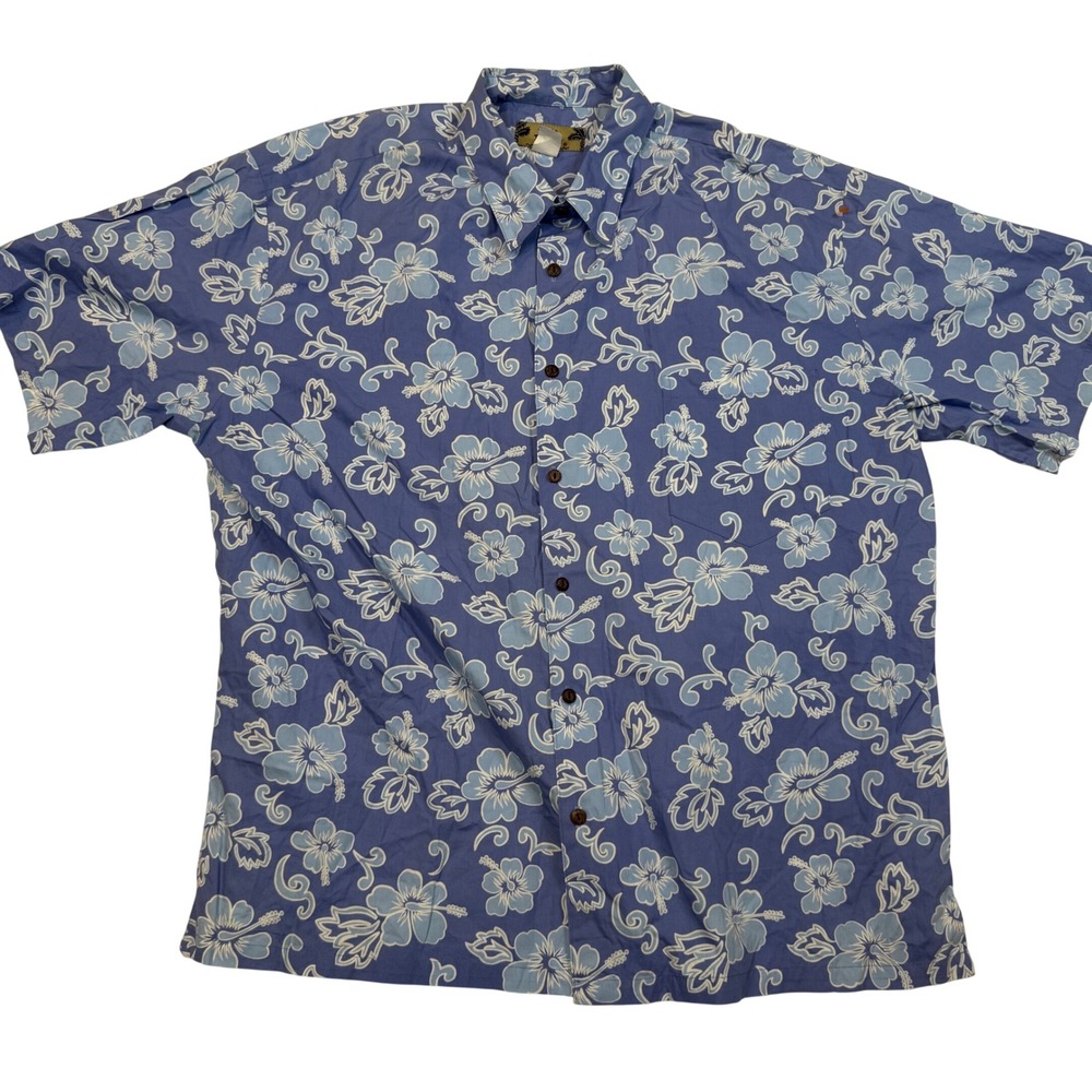 Two Palms Mens Hawaiian Shirt Blue Wht Hibiscus Floral Cotton XL Made in Hawaii